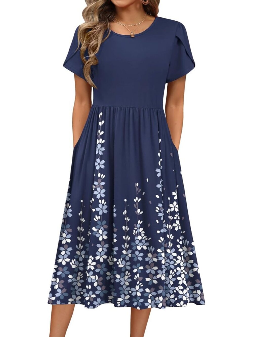 〽️Women's Navy Blue Floral Midi Dress Short Sleeve A Line Casual Summer Dress